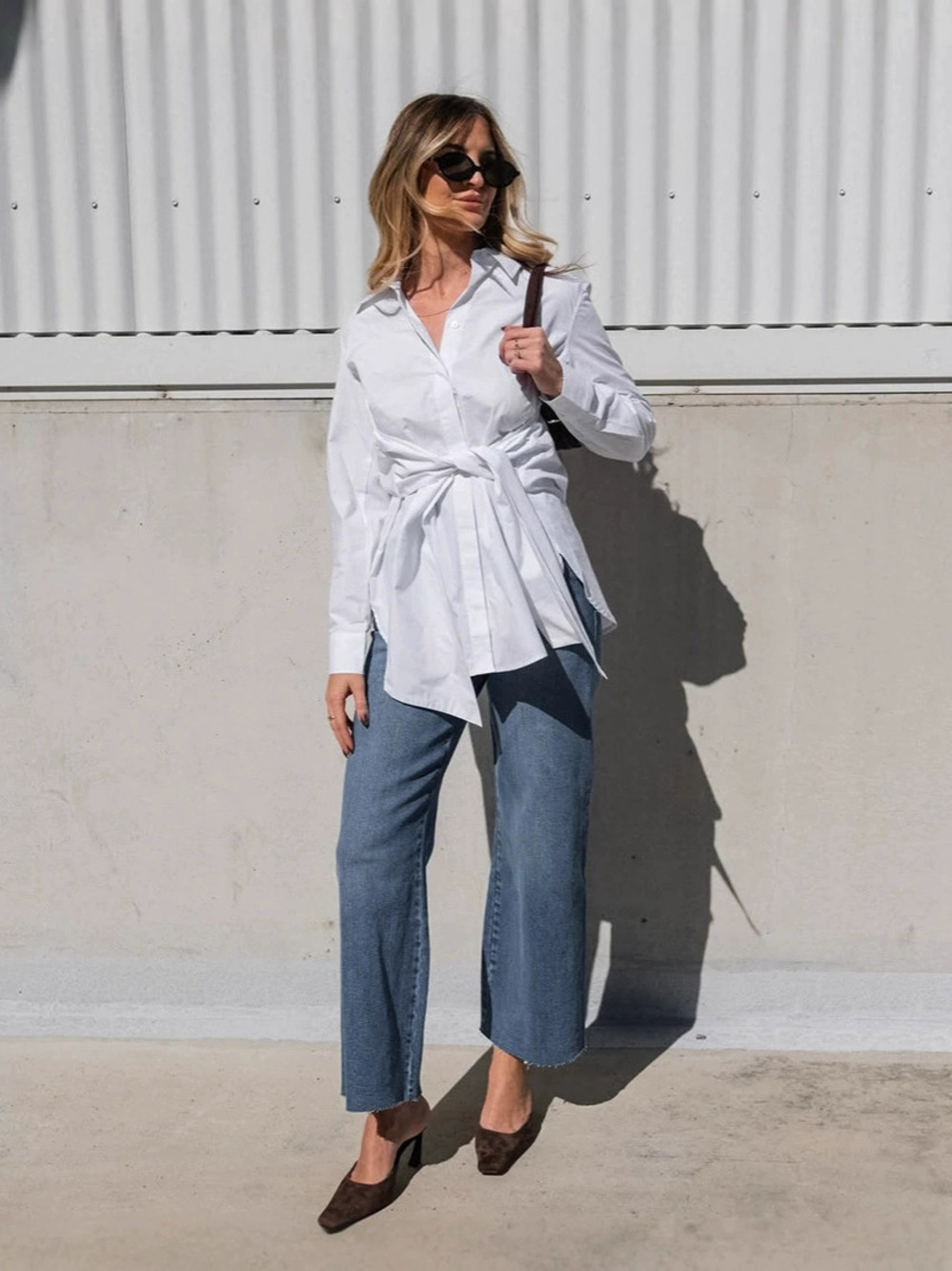 Zara White Cotton Tie Waist Blouse Autumn Turn Down Collar